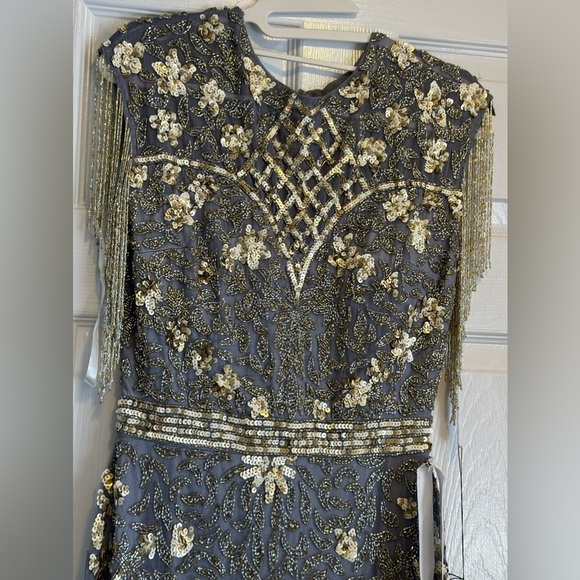 MAC DUGGAL EMBELLISHED BEADED SEQUINED FRINGE CAP SLEEVE GOWN SZ 8 Platinum Gold - Picture 7 of 16